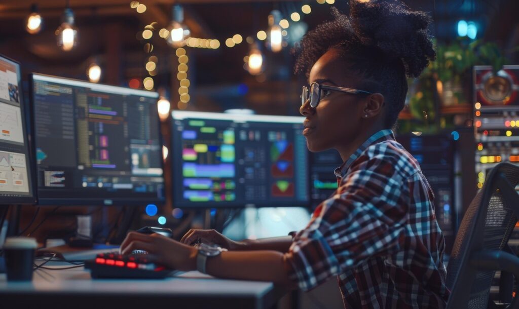 A professional woman browsing online to find the best IT company in Nepal for software and digital solutions.